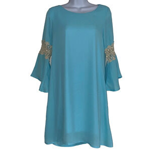 Altered State Blouse Womens Size Small Blue White Lace Sleeve Tunic